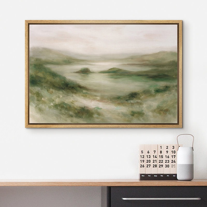 Douce colline verte surplombant un lac tranquille, reproduction d'art sur toile encadrée dans la chambre principale, Naturel
