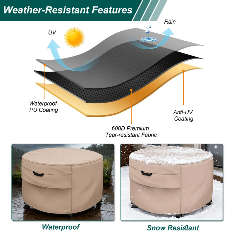 Outdoor Round Fire Pit Cover 600D Heavy Duty Waterproof Patio Table Cover With Air Vent, 20" H x 50" W x 50" D