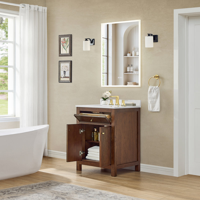 Meuble-lavabo simple 24 po Pendry en noyer foncé, comptoir en marbre de culture blanc, lavabo carré encastré (1 trou), garniture en nickel brossé