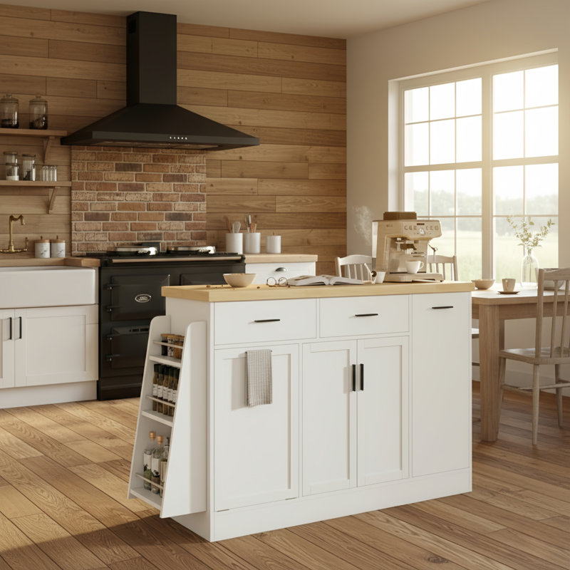Buffet multifonctionnel pour îlot de cuisine avec armoire à porte coulissante, rangement pour poubelle et support à épices à 3 niveaux pour la salle à manger