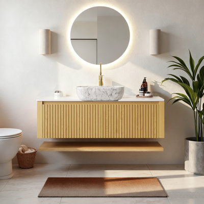 HIZON 48" Floating Bathroom Vanities With Vessel Sink,Fluted Bathroom Cabinet With Drawers And Open Shelf