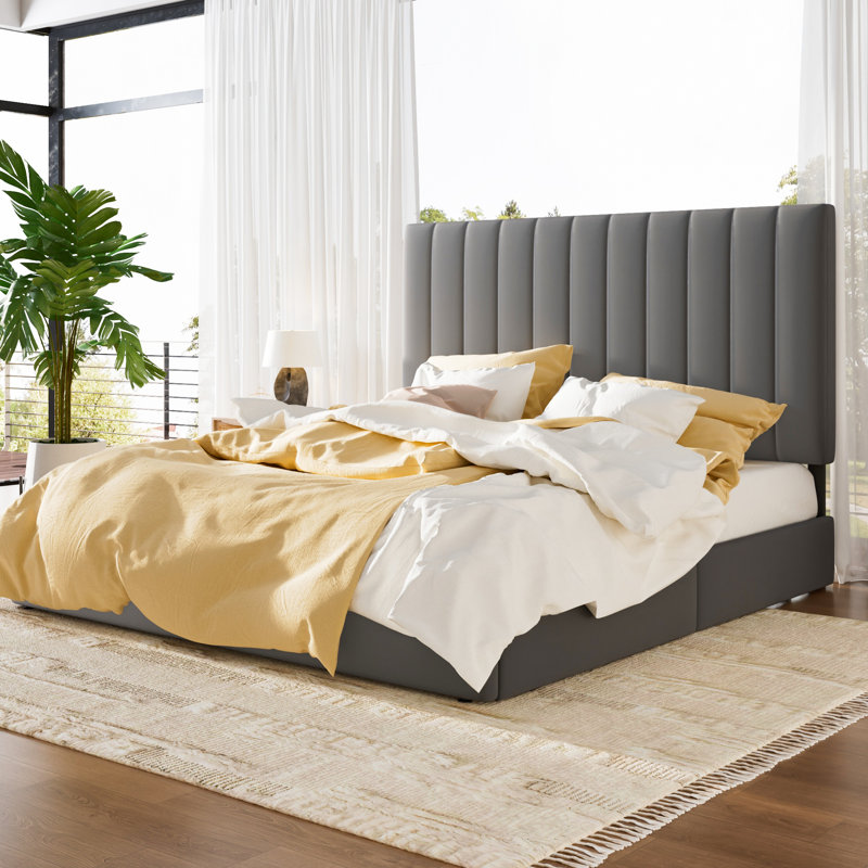 Lit plateforme tapissier avec 4 tiroirs et tête de lit, Gris clair, Grand