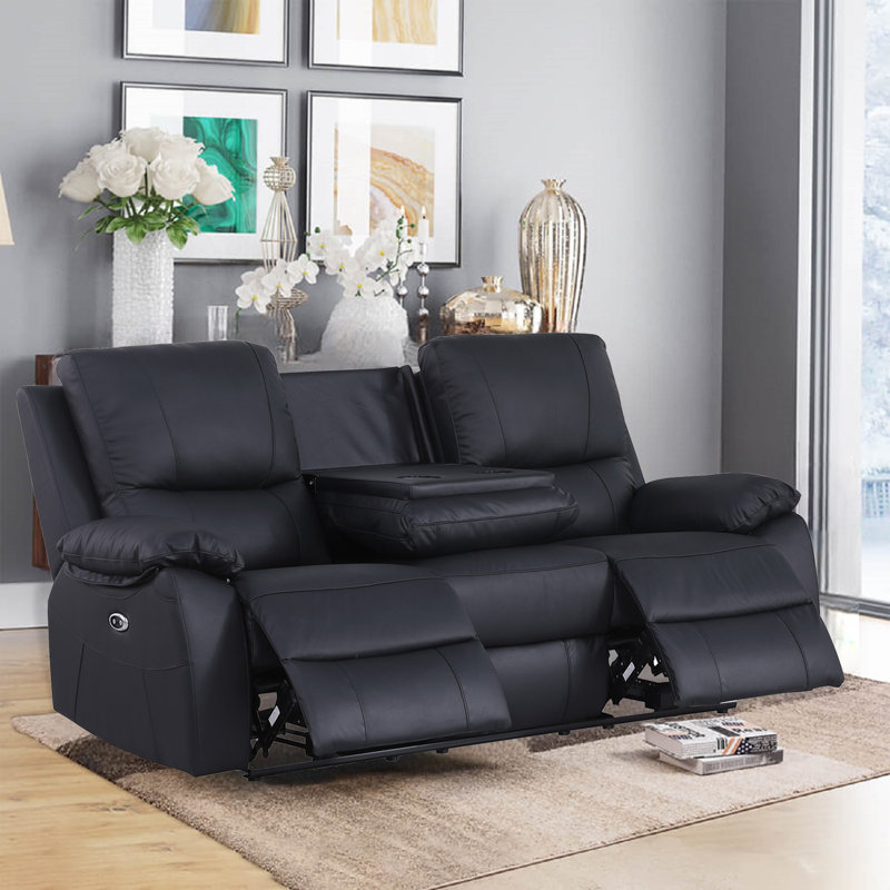 79.52'' Leather Power Reclining Sofa, Black Genuine Leather
