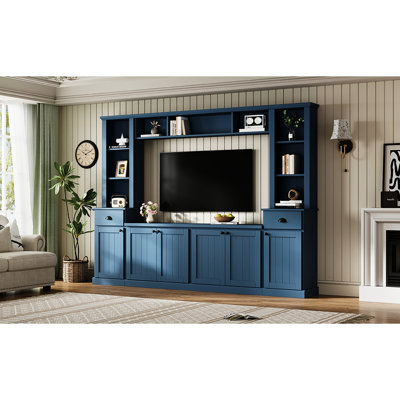 Grand meuble télé bleu avec pont pour téléviseurs de 75 po, hauteur réglable contemporaine et rangement, unité murale de divertissement dans le salon