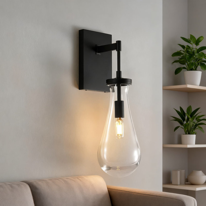 Ensemble de 2 appliques murales modernes noires en forme de goutte de pluie avec abat-jour en verre soufflé à la main pour meuble-lavabo, salon, chambre à coucher et couloir Modern