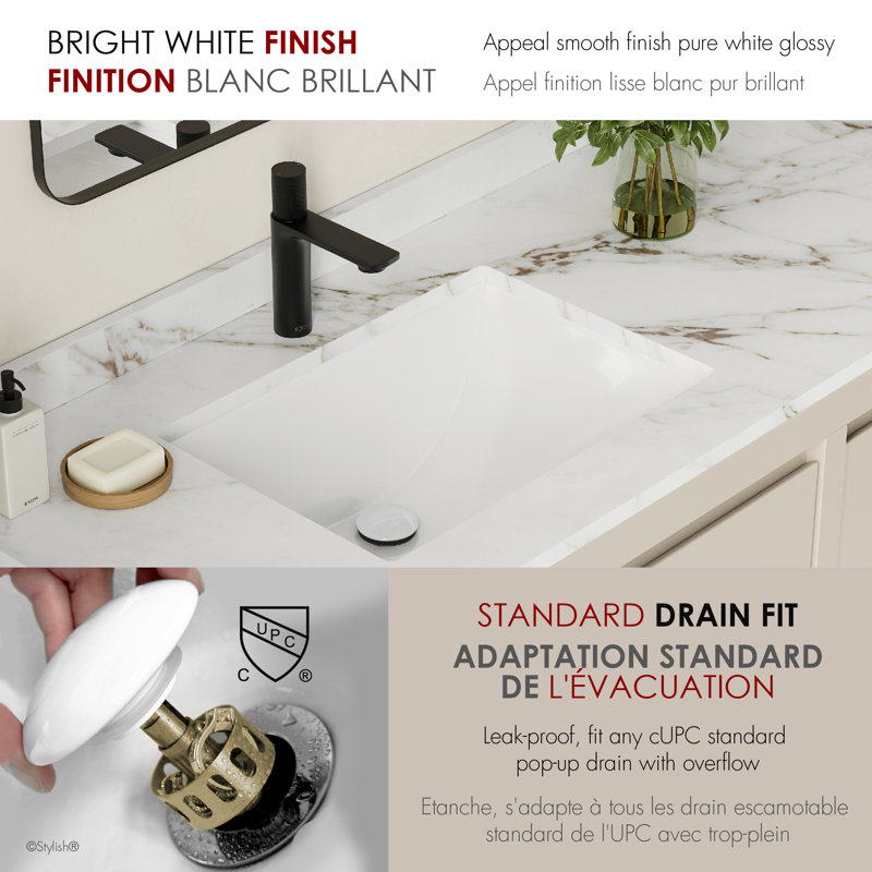 Lavabo de salle de bain rectangulaire encastré blanc avec drain escamotable l 21,25 po x P 14,5 po