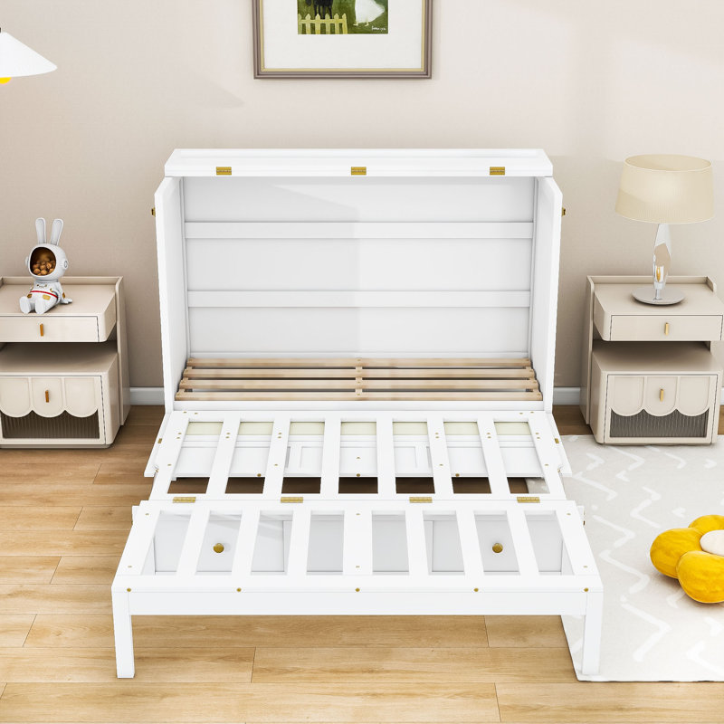 Lit escamotable en bois avec tiroirs, Double, Blanc