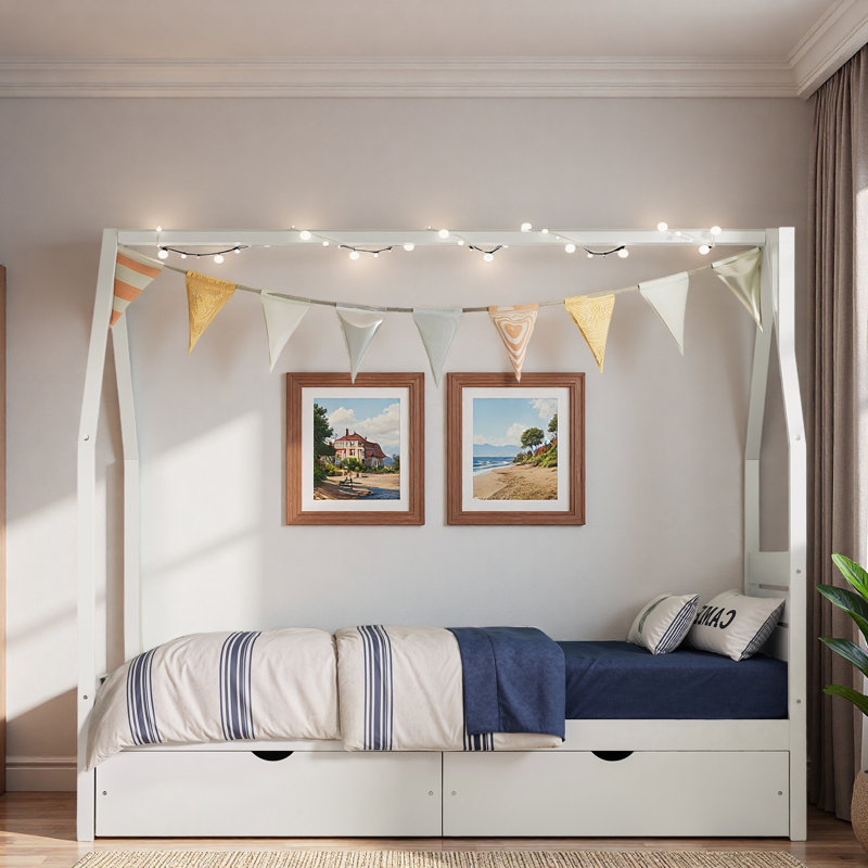 Lit en bois en forme de maison avec 2 tiroirs de rangement, support dorsal fiable et conception de toit adorable, Full, White