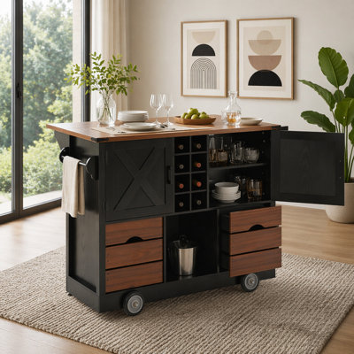 Farmhouse Kitchen Island with Drop Leaf, Storage, and Power Outlet