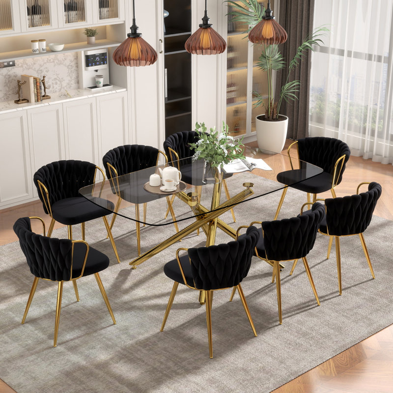 Elegant 71" Modern Retro Dining Table Set For 4-8, Rectangular Glass Top Dining Table With Stainless Steel Base & Velvet Arm Chairs, Multi-Purpose Kitchen Dining Room Furniture For Gathering, Living Room, Restaurant