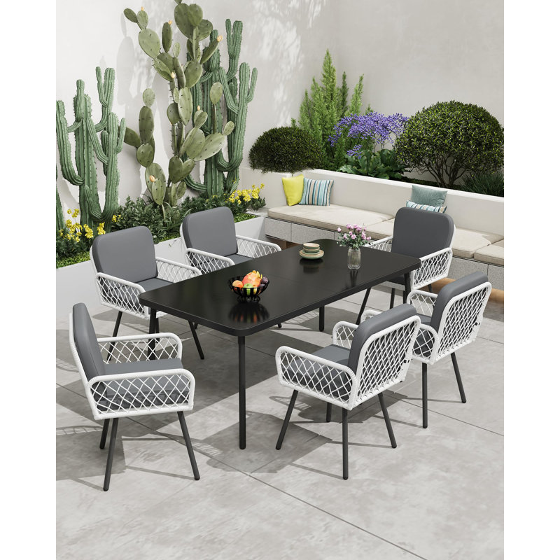 7-Piece Outdoor Dining Table Set for 6, 59" Tempered Glass Dining Table with Metal Frame and 6 Rattan Chairs, Patio Dining Set for Garden, Backyard and Poolside,Black & White