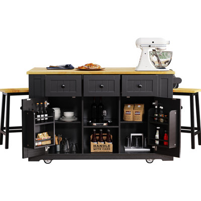 Black Kitchen Island With 2 Seats, Power Input, Internal Storage, Drop-Down Leaf, 5 Side , 3 Drawers For Luxury Decor Chairs, Plug, Drop Shelves, Attractive Areas
