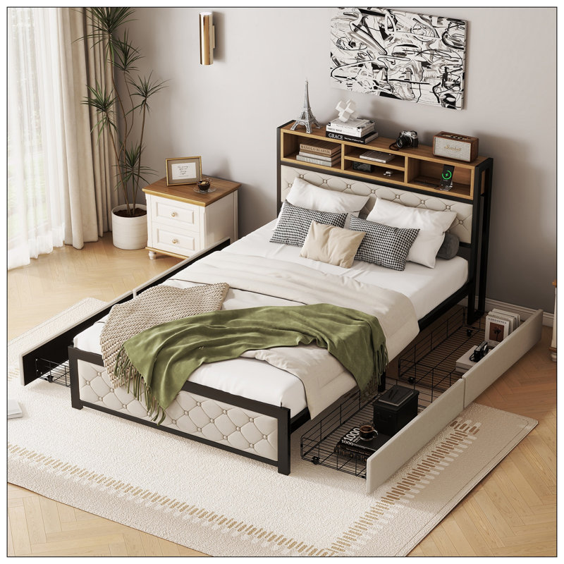 Lit plateforme tapissier Cheyann, Beige / noir, Double