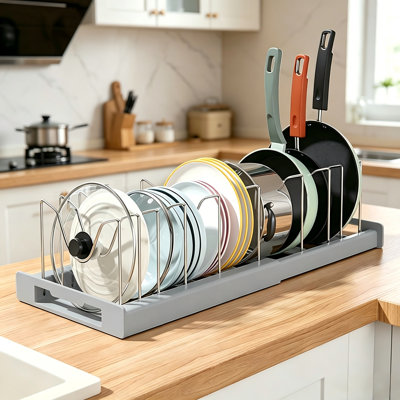 Organisateur de casseroles et de poêles réglable sous l'armoire - Support à couvercle extensible avec 10 compartiments pour batterie de cuisine, plats de cuisson et planches à découper