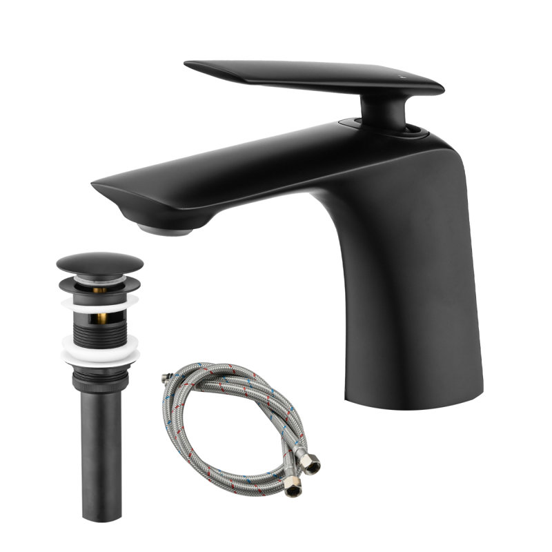 Robinet de lavabo de salle de bain à un trou avec drain escamotable et tuyau d'alimentation en eau, robinet de salle de bain à poignée simple