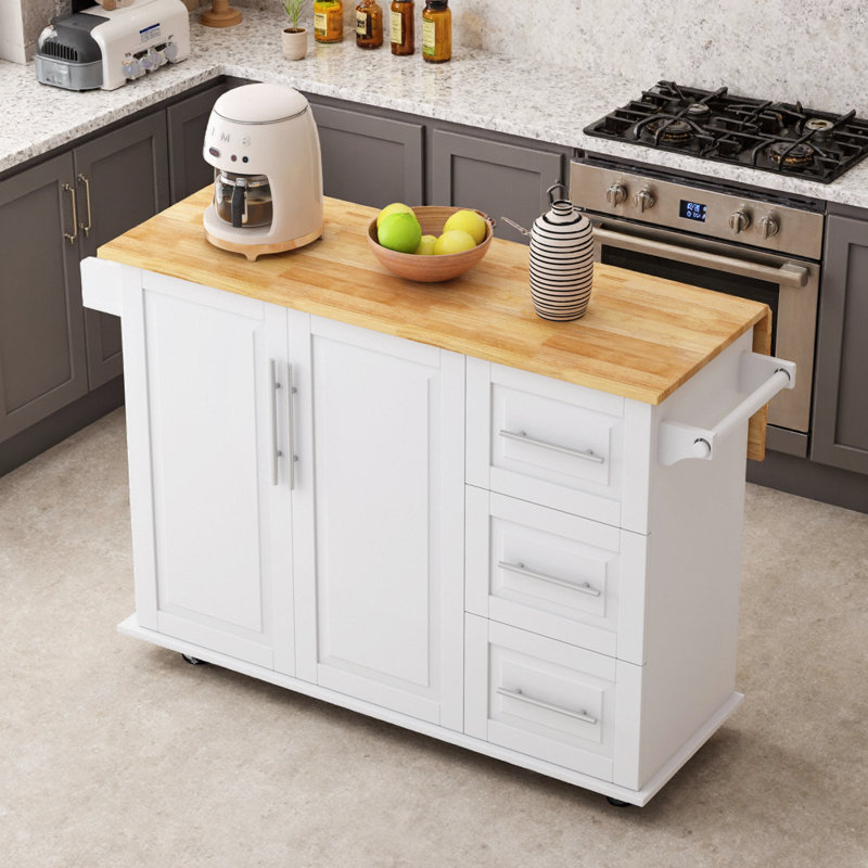 Chariot d'îlot de cuisine blanc avec comptoir extensible, tiroirs de rangement et support à épices blanc