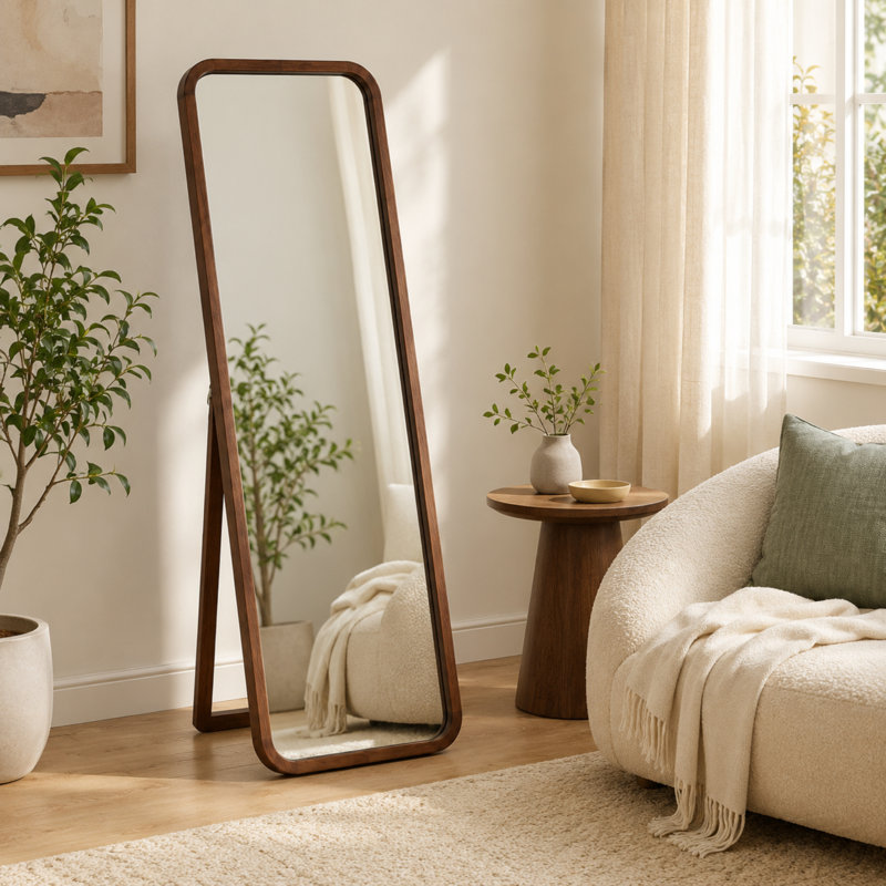 Miroir pleine grandeur en bois de hêtre massif autoportant fixé au mur pour le salon de la chambre à coucher