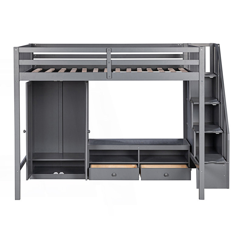 Structure de lit mezzanine avec garde-robe, table de rangement basse et escalier de rangement, Gris