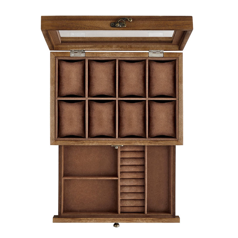 Rustic Walnut 2-Tier Wooden Watch Box with Glass Lid