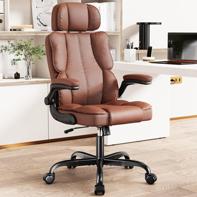 Executive Leather Office Chair (Brown) – Ergonomic Desk Chair With Thick Cushion, Lumbar Support, Adjustable Headrest & Armrests