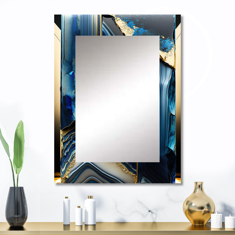 Abstrait Geode Geometric Blue III - miroir géométrique, miroir mural bleu unique, impression sur métal, 32 po x 24 po