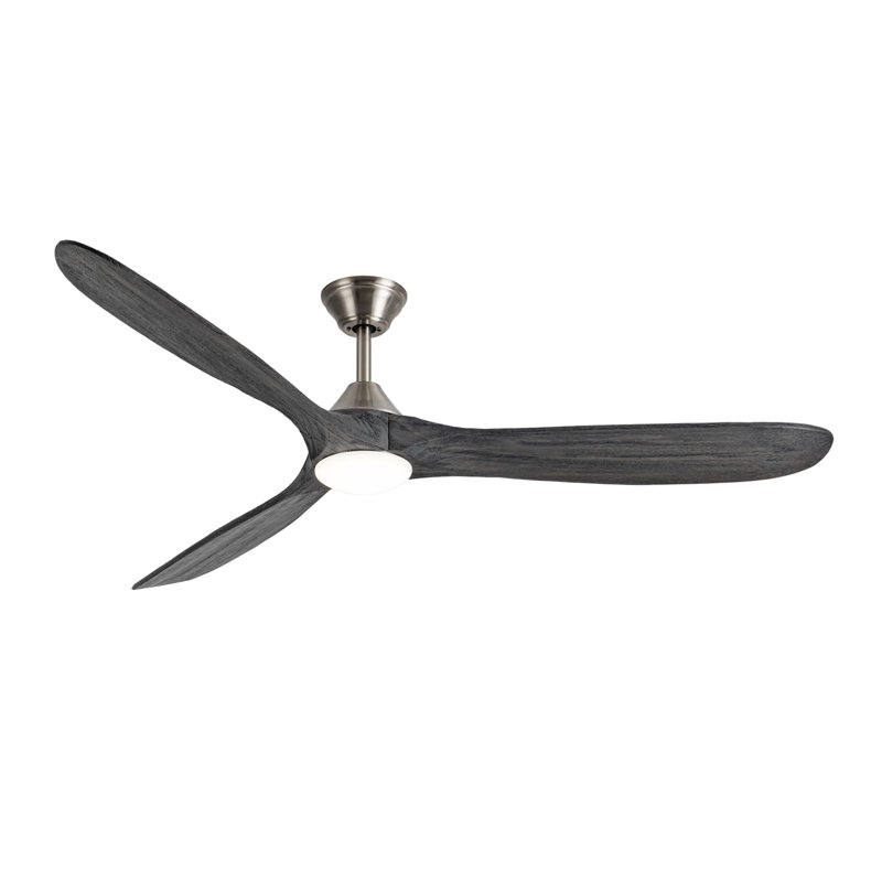 3 Blade Gray Solid Wood Ceiling Fan With Light And Remote Control, 70" Wide