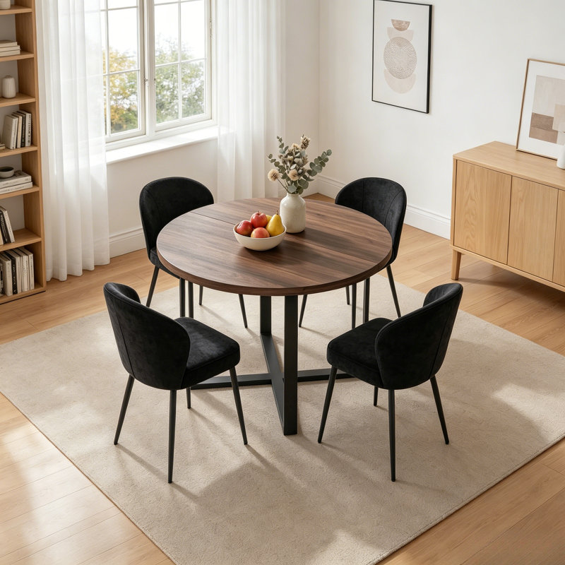 43.3" Round Extendable Dining Table Set For 4, Mid-century Modern Walnut Finish Mdf Kitchen Table With Cross Base & Upholstered Chairs, Space-saving Dining Room Furniture Set