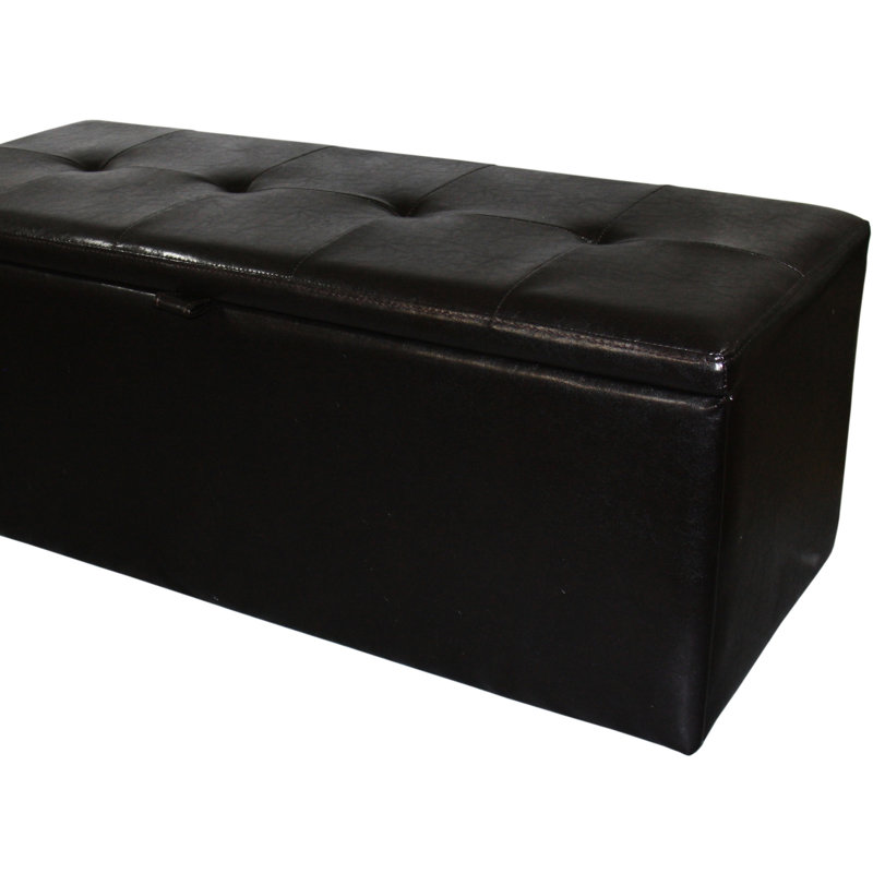 Banc de rangement en cuir brun de 18,5 po de hauteur, poignée avant à charnière, charnière simple pour la stabilité, rangement de L 38,5 po x l 12,5 po, pieds de 2 po 3,5 po, banc de 17 po de largeur du produit avec dimension des pieds