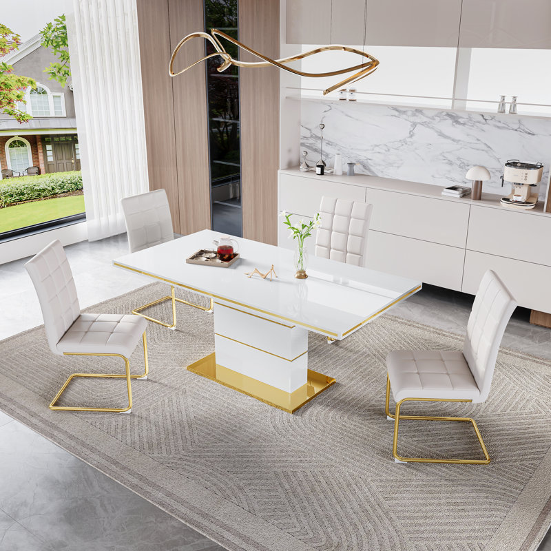 5-Piece Glass Top Dining Table Sets, White, White/Gold, White/Silver