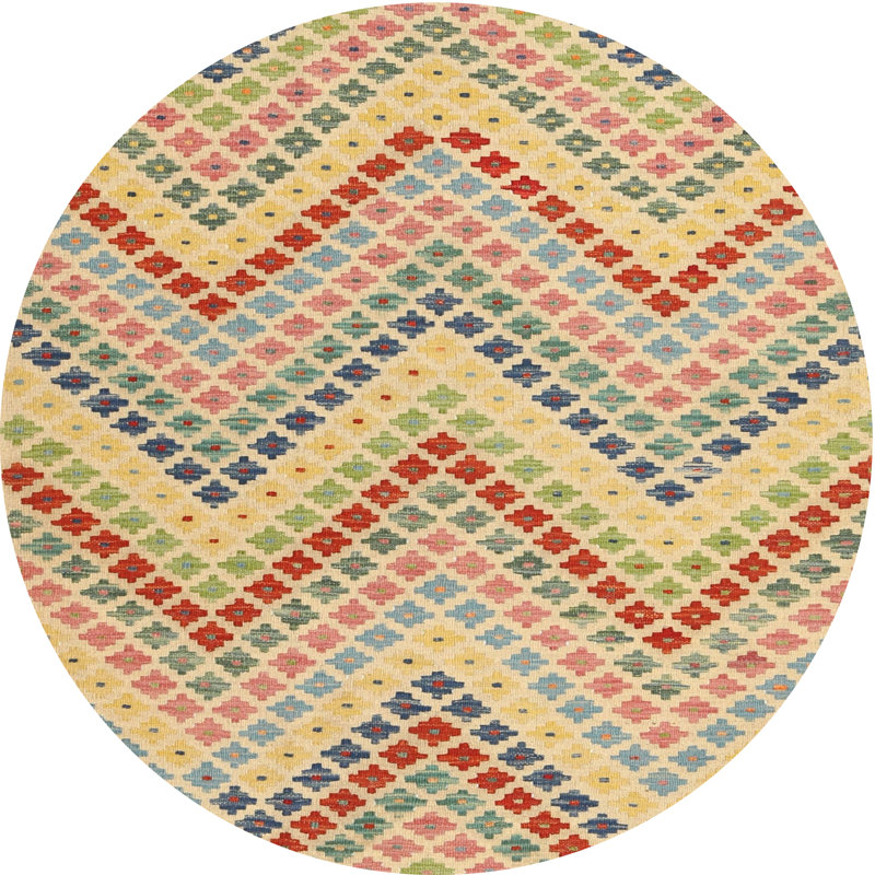 Tapis contemporain rouge / bleu / beige, Rond 5 pi