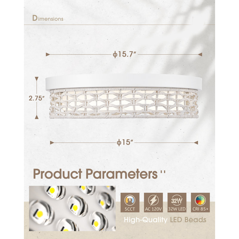 Traeven LED Flush Mount, 2.75" H x 15.7" W x 15.7" D, White, White