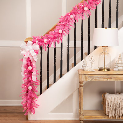 Guirlande de Noël artificielle épinette rose 9 pi x 12 po avec lumières roses