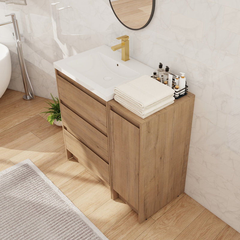 36" Single Freestanding Bathroom Vanity with Resin Sink, Floor Standing Bathroom Vanity with 1 Door, 3 Drawers, 1 Adjustable Shelf