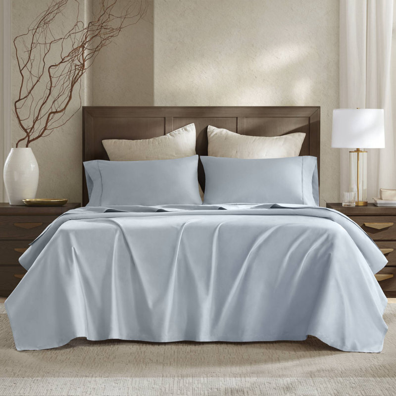Ensemble de draps 100% satin de coton égyptien, Bleu, Très grand californien