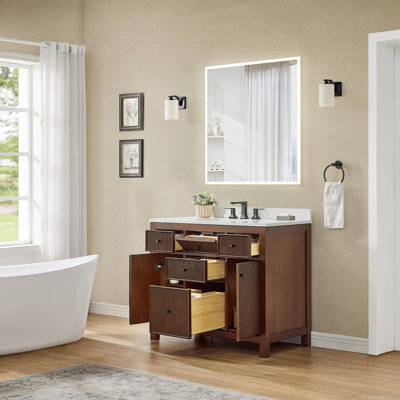 Meuble-lavabo simple 42 po Pendry en noyer foncé, comptoir en quartz Giotto, lavabo carré encastrable (3 trous), garniture noir mat
