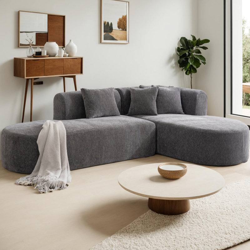Boneless 107.5" Corner Sectional Sofa L-Shape No Assembly Floor Sectional, Gray Chenille