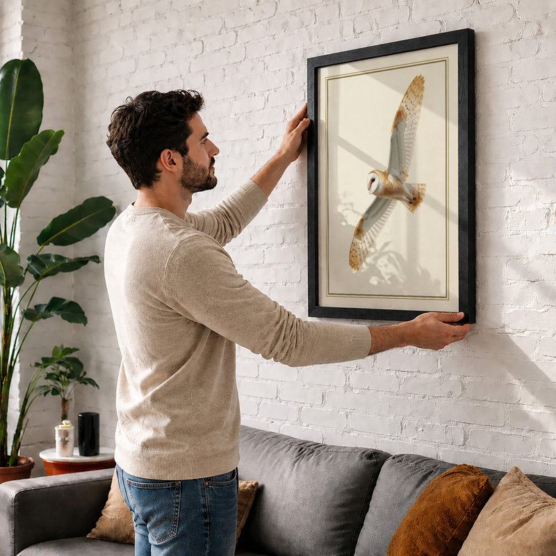 Barn Owl in Flight Botanical - Framed Print, Black, A3 - 42.0 x 29.7 cm