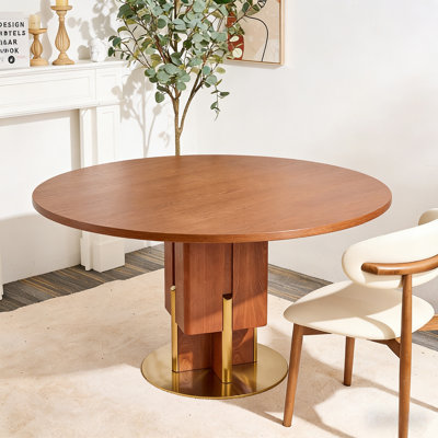 Base de table ronde à hauteur de piédestal pour salle à manger avec colonne autoportante en bois massif et plaque en métal doré