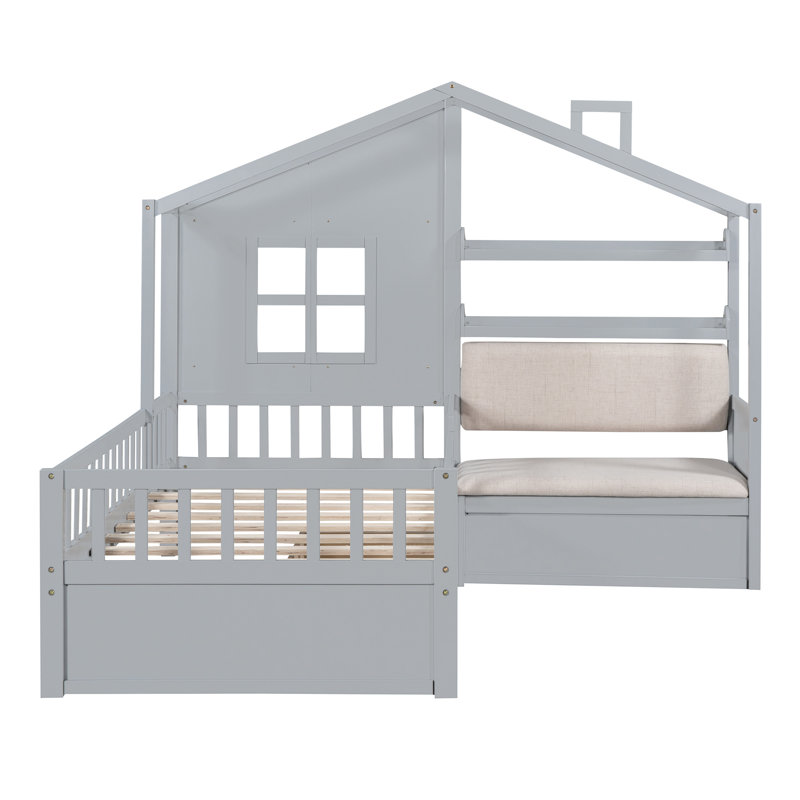 Lit simple avec canapé, lit plateforme pour enfants avec deux tiroirs et tablette de rangement, gris