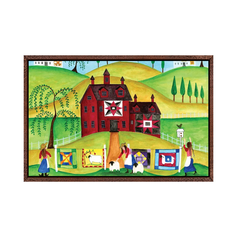 Red Barn Quilt House by Cheryl Bartley - Painting on Canvas, 45.72cm H x 66.04cm W x 3.81cm D, Classic Brown Wood Framed