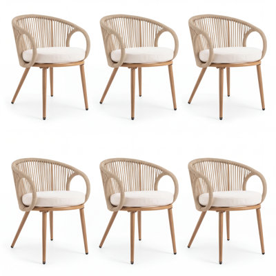 Outdoor Dining Chairs Set of 6, Rope Woven Patio Dining Chairs with Cushions for Patio, Garden & Balcony