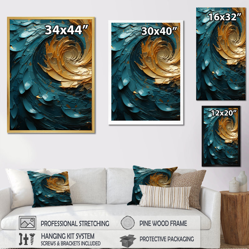 Majestic Motion Teal Spiral sur toile, H 44 po x l 34 po x P 1,5 po, Cadre flottant doré