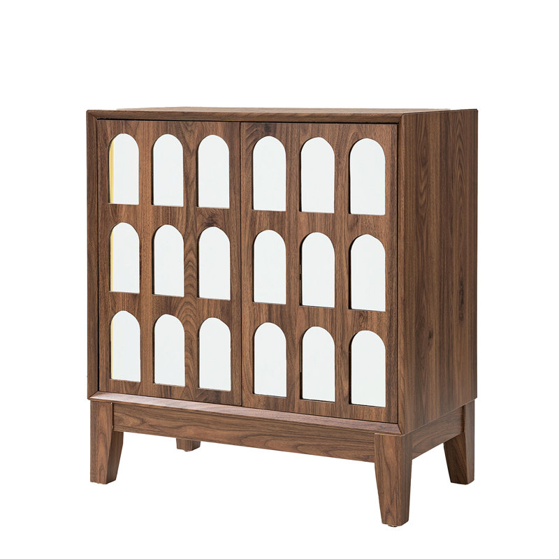 Double Door Sideboard, Dark Seadrift Tone, Mirror, Walnut, Removable Shelves, Flexible Storage Walnut , Space, Solid Wood Legs