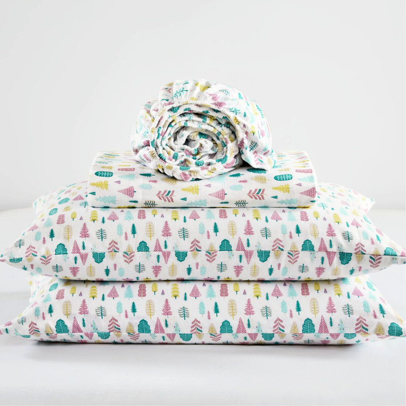 4 Pcs Queen Cotton Flannel Printed Sheet , White Holiday Trees Pattern, , Warm, Machine Washable, Fitted Covers 14" Mattress, And , Includes All Sheets