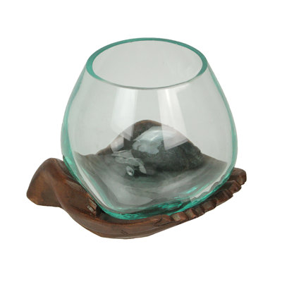 Vase, bol et terrarium décoratifs en verre soufflé transparent et mains en bois naturel sculpté - H 6 po x L 7,5 po x l 7,5 po