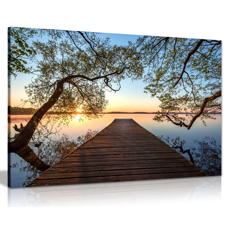 Beautiful Sunrise On Lake With A Bridge - Wrapped Canvas Print, 61cm H x 91cm W x 1.8cm D