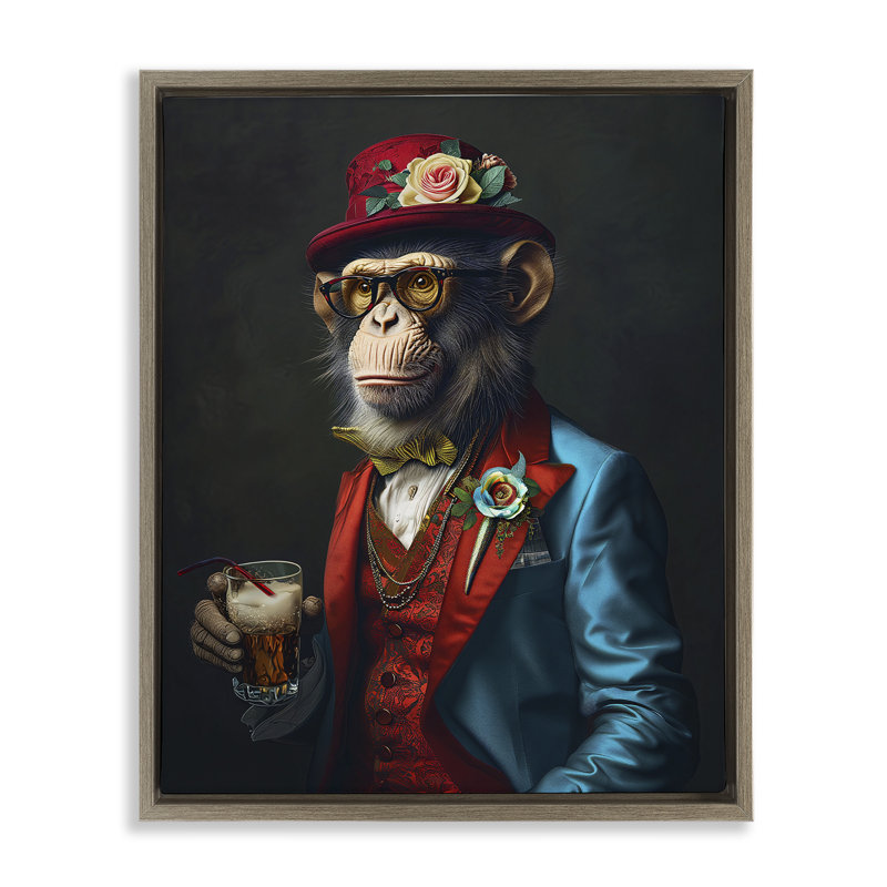 «Monkey with Fancy Outfit», art mural encadré flottant doré par Ray Heere, Cadre flottant orme Montalcino, H 21 po x l 17 po