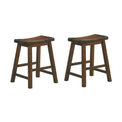 Set of 2 Solid Wood Saddle Seat Stools in Cherry Finish, 18-Inch Height