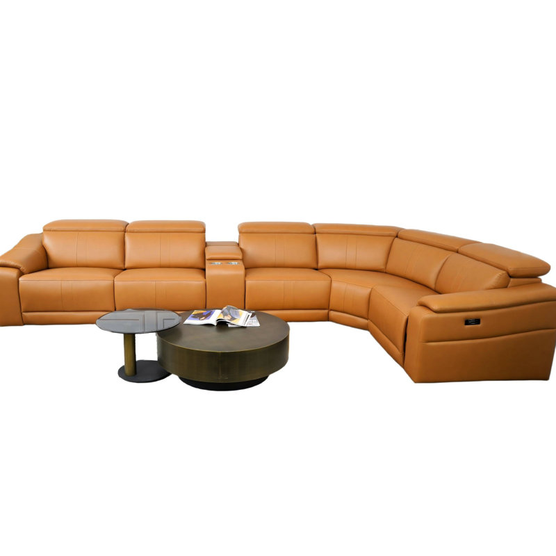 Canapé d'angle confortable 6 pièces en cuir brun avec fauteuil inclinable électrique et rangement, style moderne et respirant, idéal pour le salon.