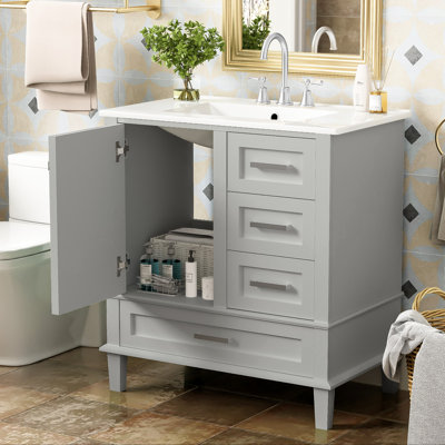 Meuble-lavabo gris 30 po, armoire moderne avec lavabo en céramique, structure en bois massif, 3 tiroirs et porte à fermeture silencieuse pour meuble-lavabo fabuleux, lavabo, splendide